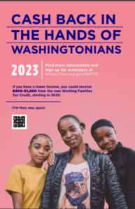 El dinero vuelve a manos de los habitantes de Washington en 2023. (cartel rosa en inglés) 