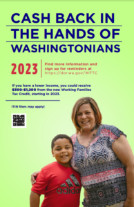 El dinero vuelve a las manos de los habitantes de Washington, en 2023. Cartel verde claro en inglés 