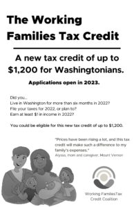 Folleto sobre el Crédito Tributario para Familias Trabajadoras de Washington, en media hoja tamaño 8,5 por 5,5 y escala de grises.